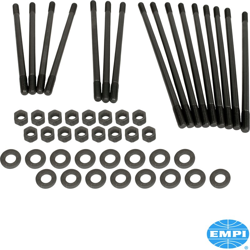 Piggsett for doble porthoder, standard lengde, kromoly, 10 mm. Hvert sett er komplett med OE-stil herdede skiver og sekskantmuttere