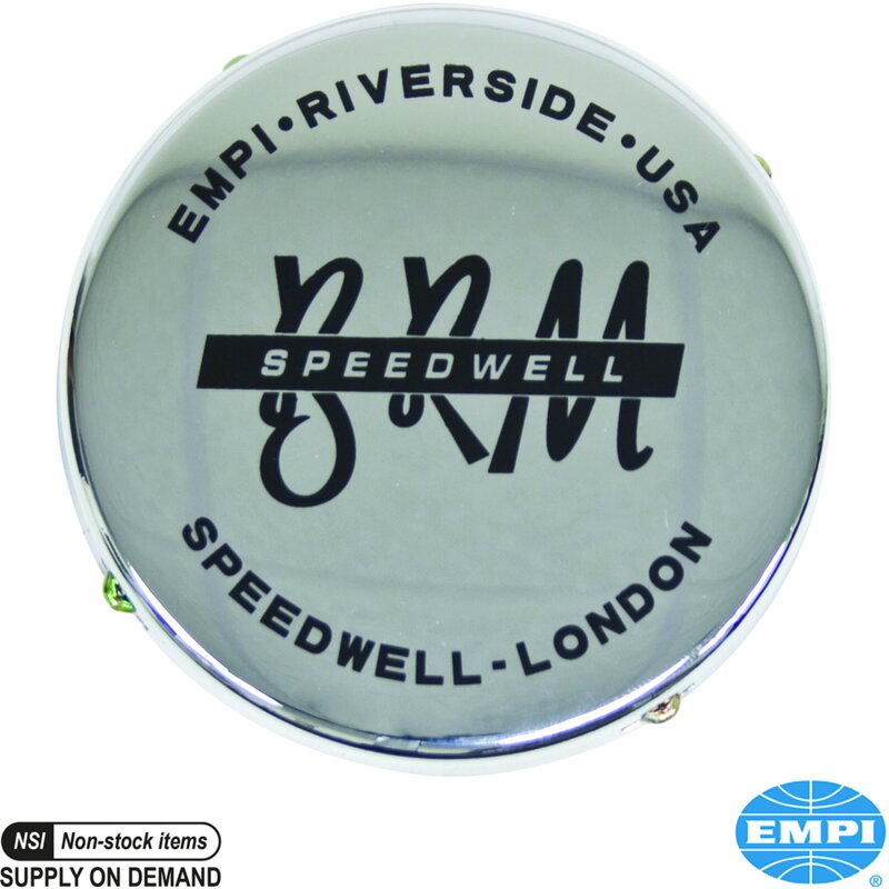Navkapsel med BRM-, EMPI- og Speedwell-logo, lav, krom