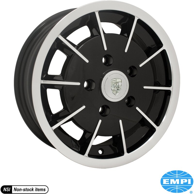Alu hjul, Gasser, blank svart med polert leppe og front, 5,5x15", 5x130, 5" ryggavstand