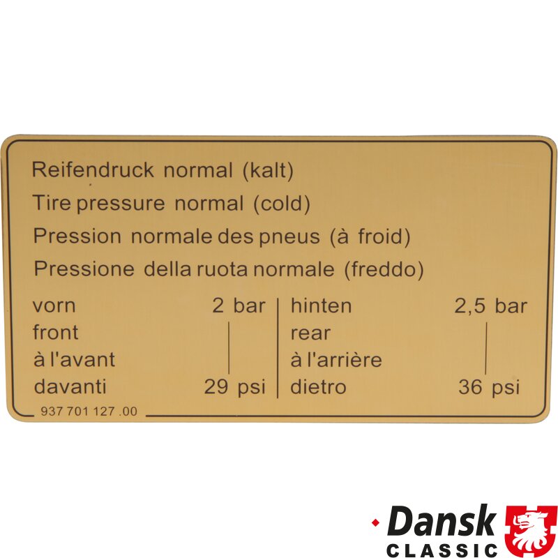 Porsche 911 Sticker, Tyre Pressure - 1983-89