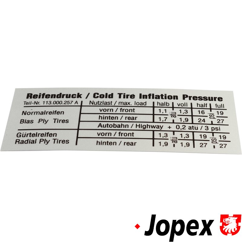 Original Tyre Pressure Sticker