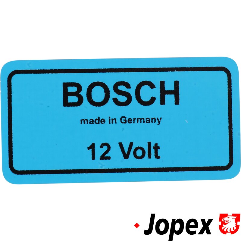 Klistremerke, «Bosch laget i Tyskland 12 volt», blå