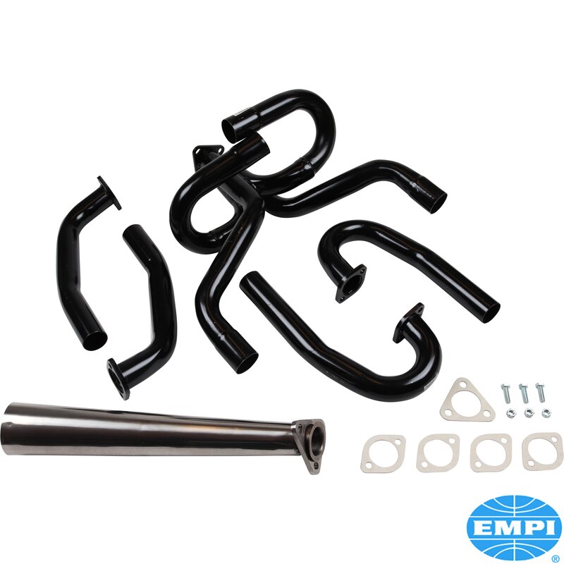 Eksosanlegg, Racing Merged, svart med Stinger halerør, 1 5/8" slange. Eliminerer varmebokser