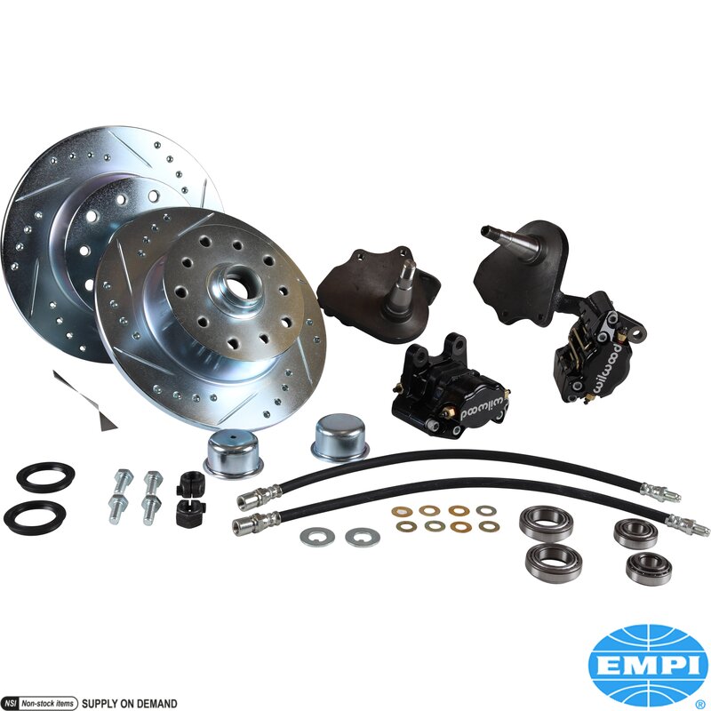 Beetle Front Disc Brake Conversion - 1957-65 - 5x130 - Black Wilwood Calipers, Cross Drilled Discs, Drop Spindles